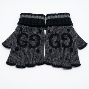 Size L Gucci GG Logo Cashmere Fingerless Gloves Black Grey